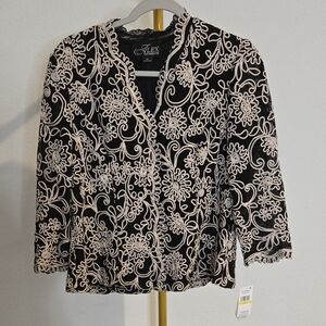 NWT Alex Evenings Black and Taupe Size M Floral Blouse